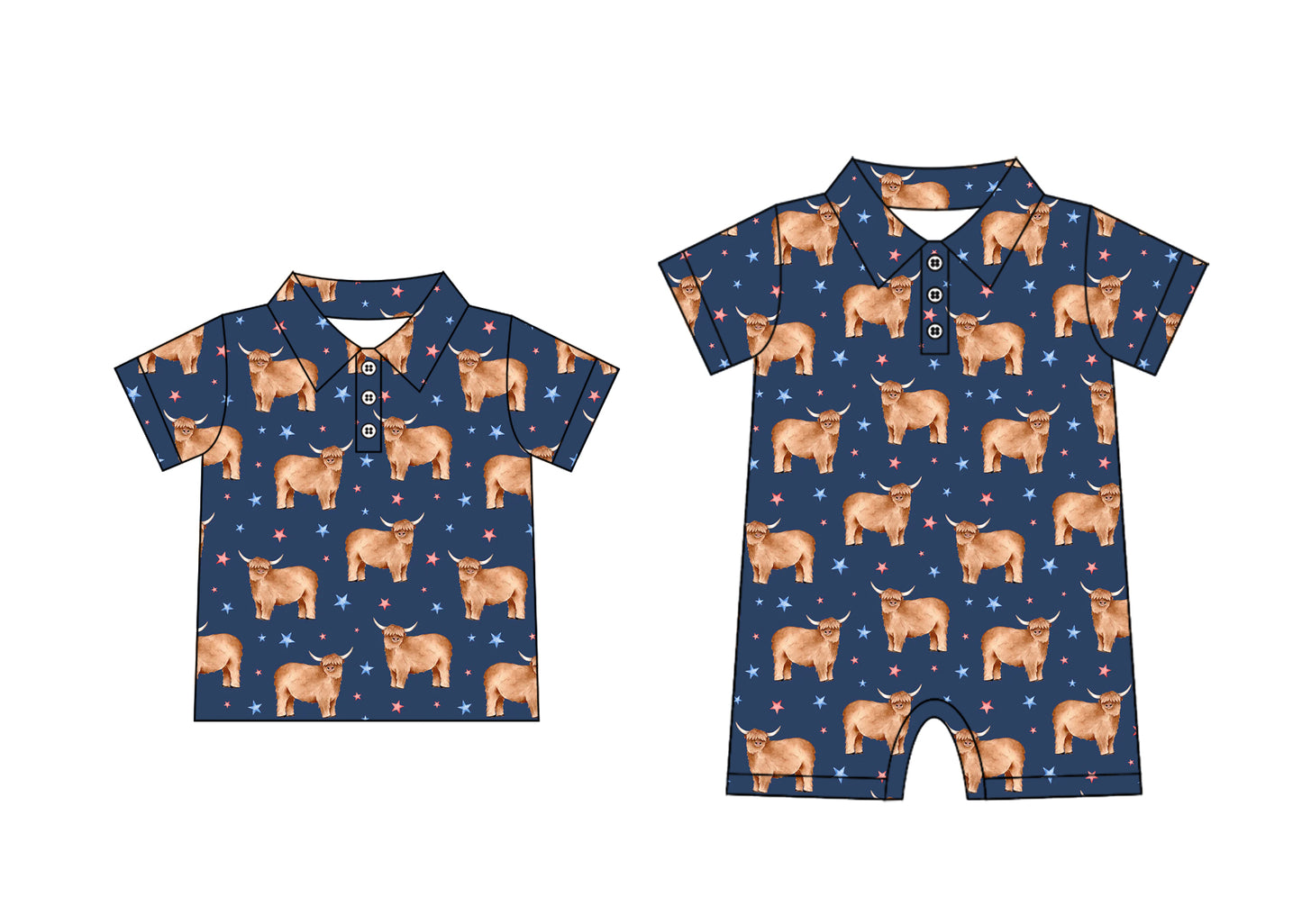 Preorder moq 5 Custom Baby Boys Short Sleeves Button Highland Cows Stars Polo Shirts Top Rompers