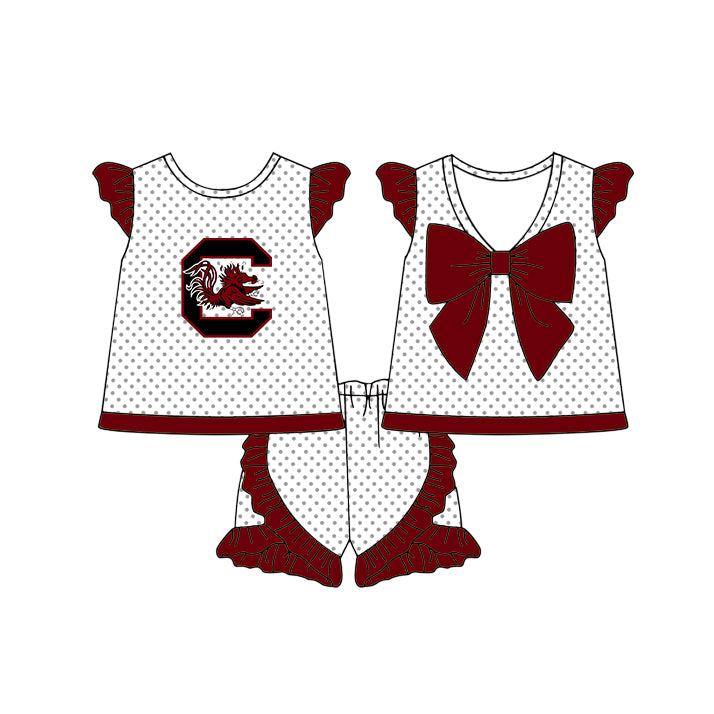 Preorder (moq 5)Baby Girls Carolina Polka Dots Back Bow Tunic Ruffle Shorts Team Clothes Sets