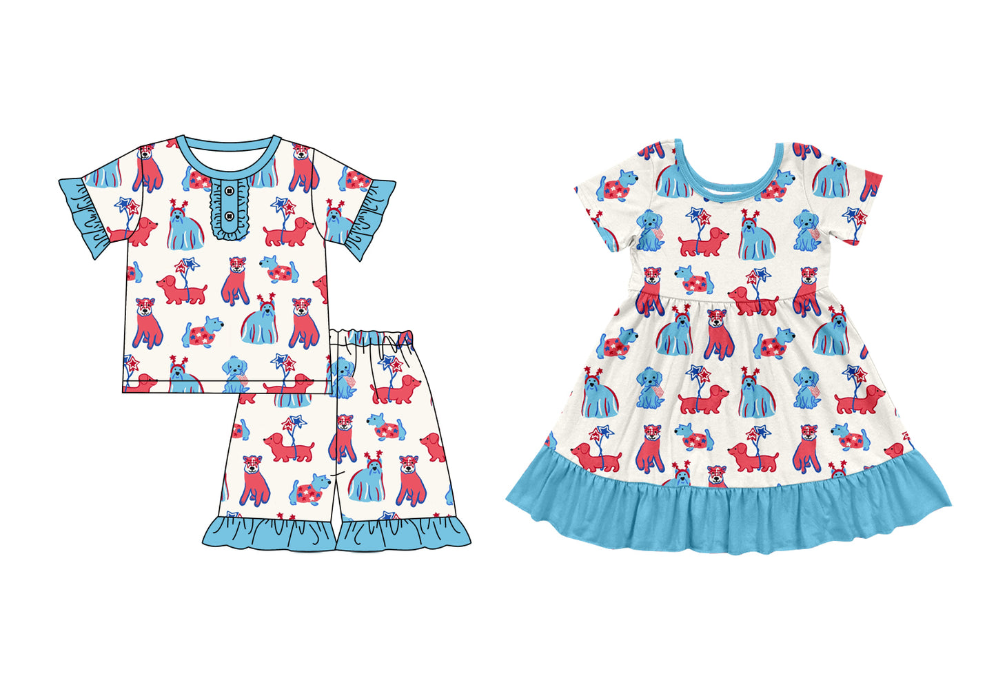 Preorder moq 5 Custom Baby Girls Dogs Stars Tunic Ruffle Short 4th Of July Pajamas Set Knee Length Dresses