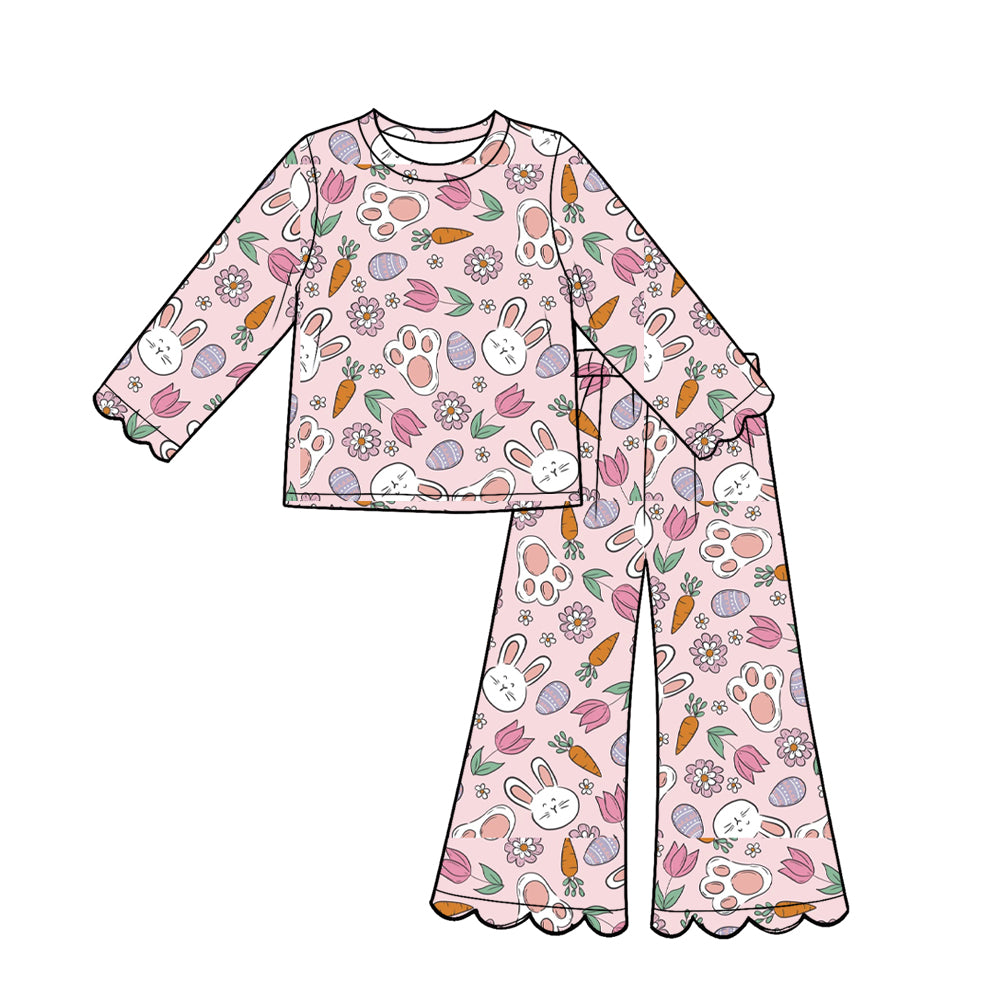 Preorder (moq 5) Girl clothes Soft Spring Floral Long Sleeve Round Neck Scalloped Flare Pants 2‑Piece Outfit Set