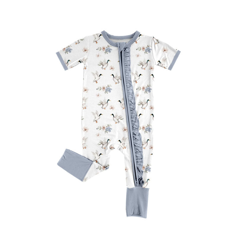 Preorder (moq 5) Baby Girl Clothes Duck Floral Mixed Print Short Sleeve Zipper Ruffle Romper