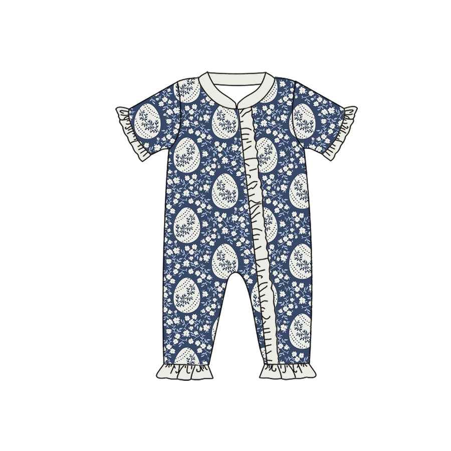 Preorder (moq 5) Baby Girls Blue Bunny Bow Ruffle Zip Romper Easter Festive Holiday Outfit