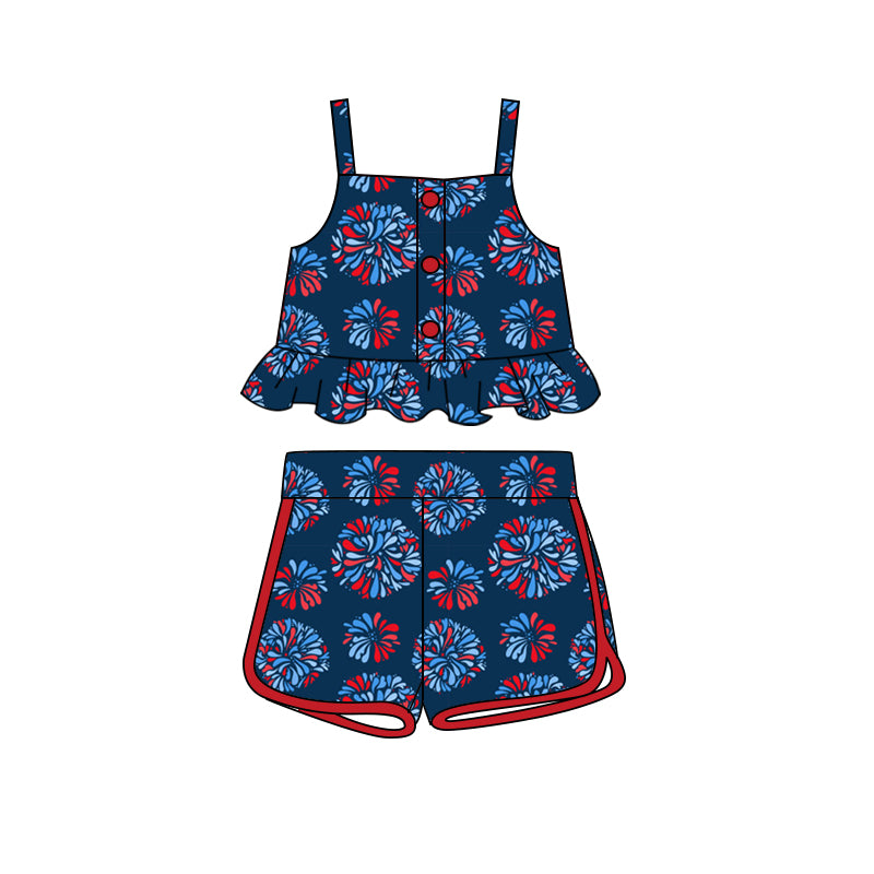 Preorder (moq 5)Baby Girls 4th Of July Fireworks Straps Top Shorts Clothes Sets