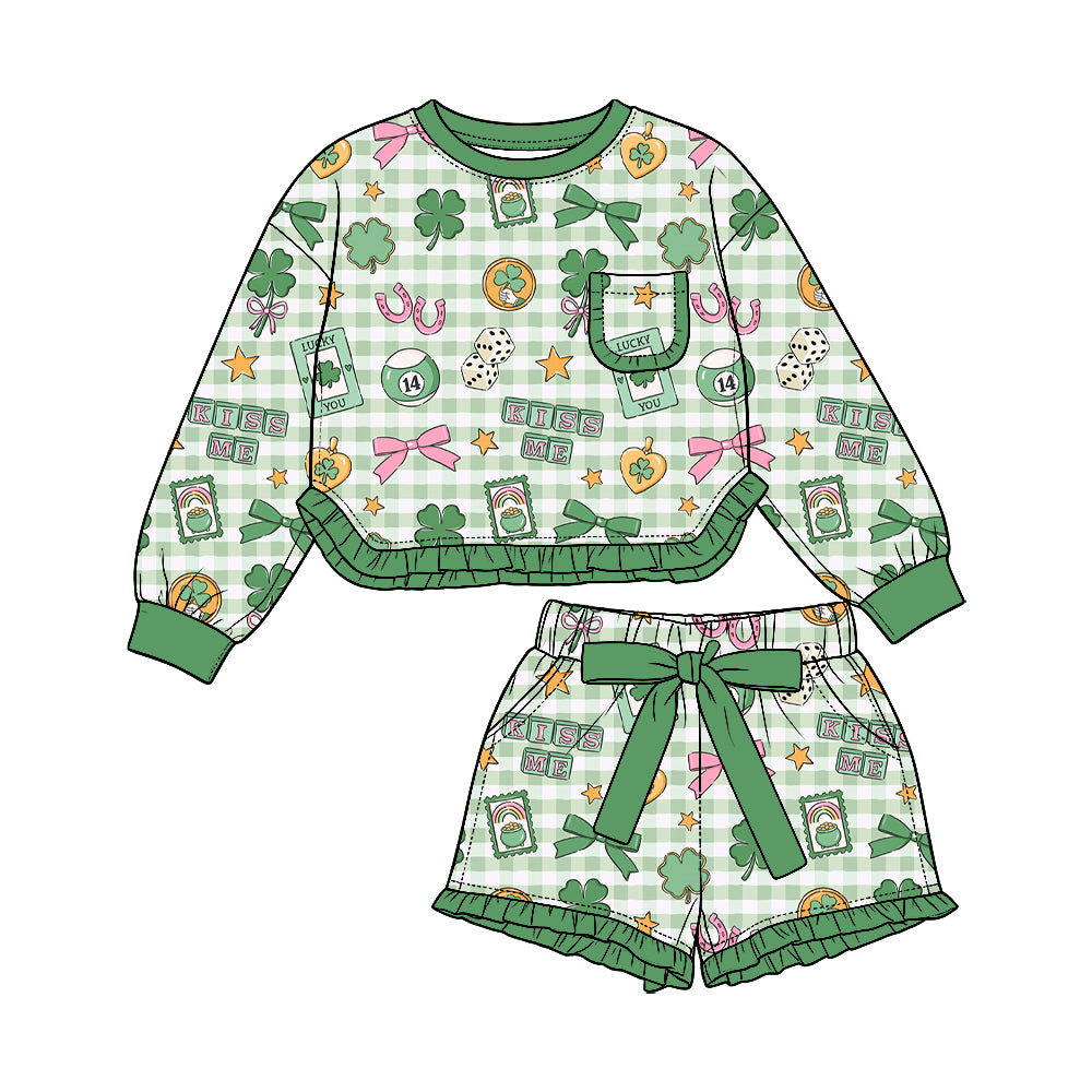 Preorder (moq5) Baby Girls Green Checked Clovers Bows Pocket Top Ruffle Bow Short St Patrick Set