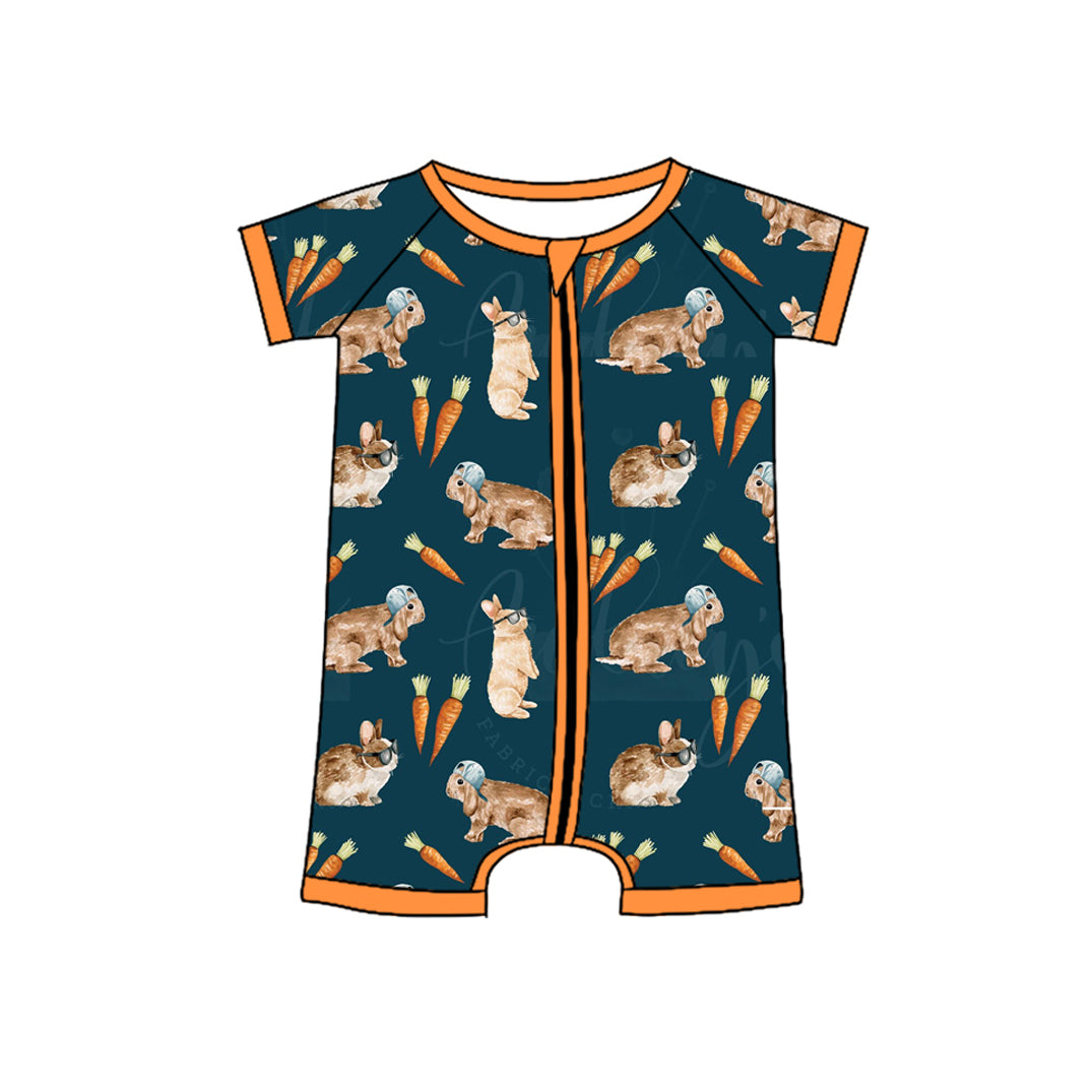 Preorder(moq 5)Baby Infant Boys Easter Rabbits Carrots Zip Short Sleeve Rompers