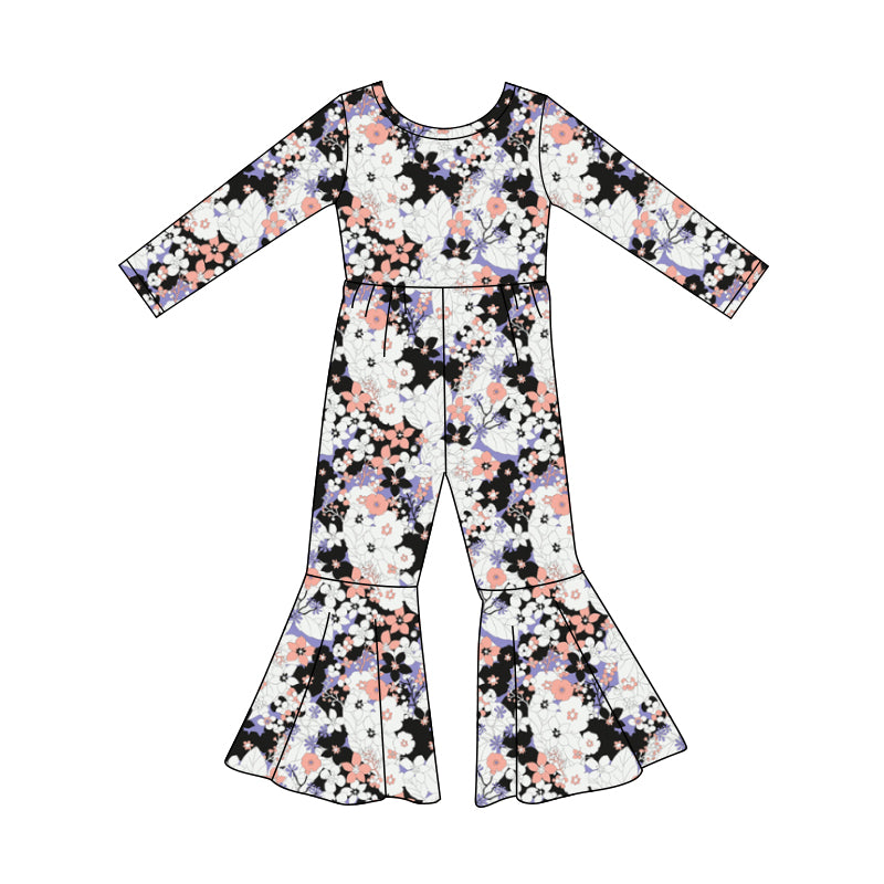 Preorder (moq 5)Baby Girls Long Sleeve Colorful Flowers Bell Bottom Jumpsuits