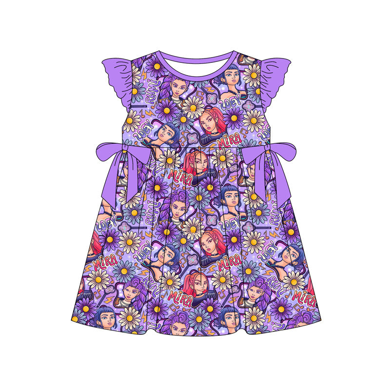 Preorder (moq 5)Baby Girls Flutter Sleeve Demon Hunter Flowers Knee Length Dresses