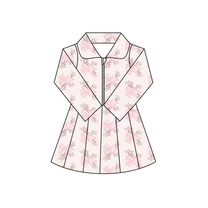 Preorder (moq 5)Baby Girls Long Sleeves Pink Bows Flowers Plaid Zipper Knee Length Dresses