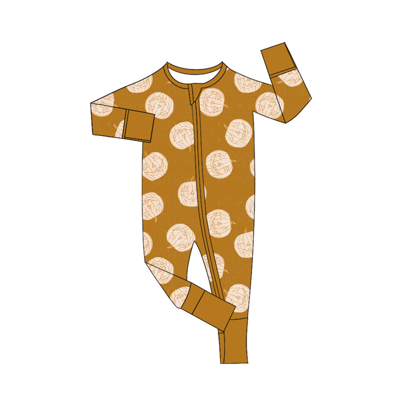 Preorder moq 5 Baby Infant Boys Long Sleeves Khaki Ghost Pumpkins Plaid Zipper Romper