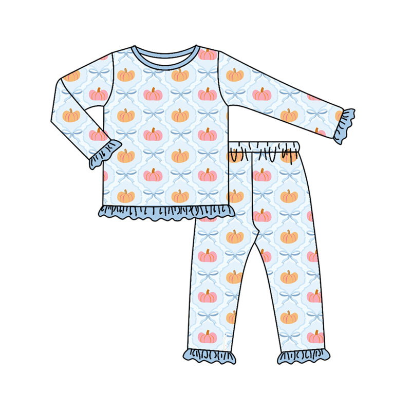 Preorder (moq 5)Baby Girls Blue Long Ruffle Sleeves Bows Pumpkins Plaid Top Pant Pajamas Set