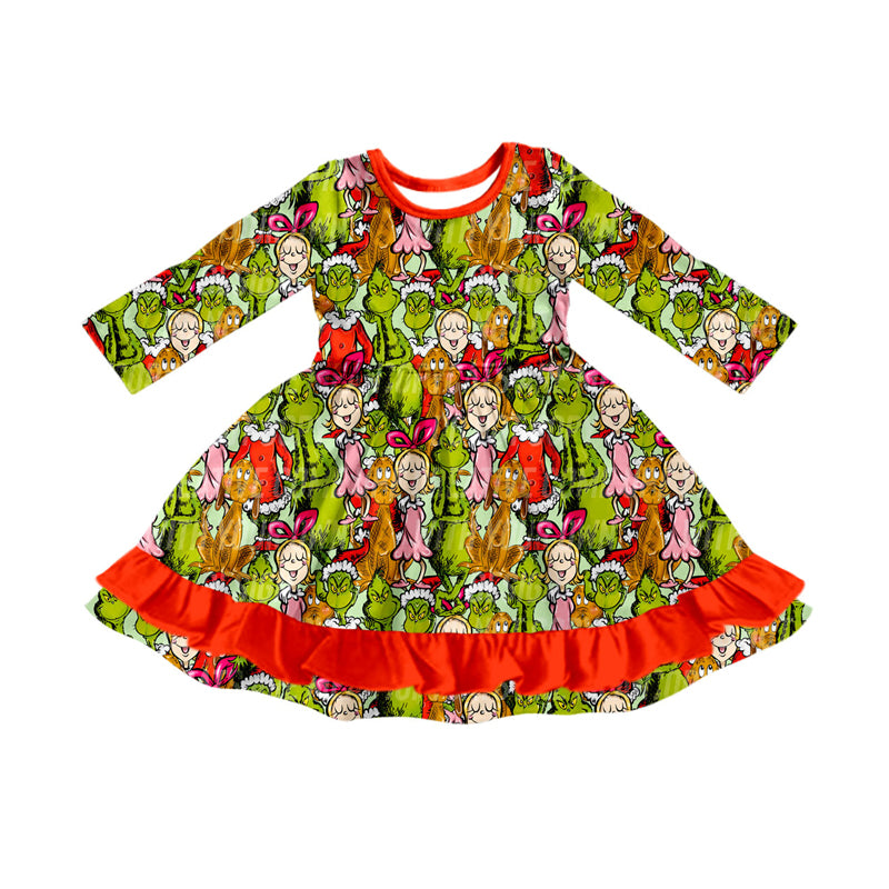 Preorder (moq 5)Baby Girls Green Faces Miss Christmas Ruffle Knee Length Dresses