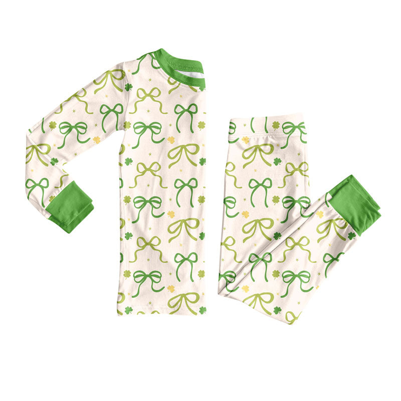 Preorder (moq 5)Baby Girls Green Bows Clovers Top Pants St Patrick Pajamas Sets