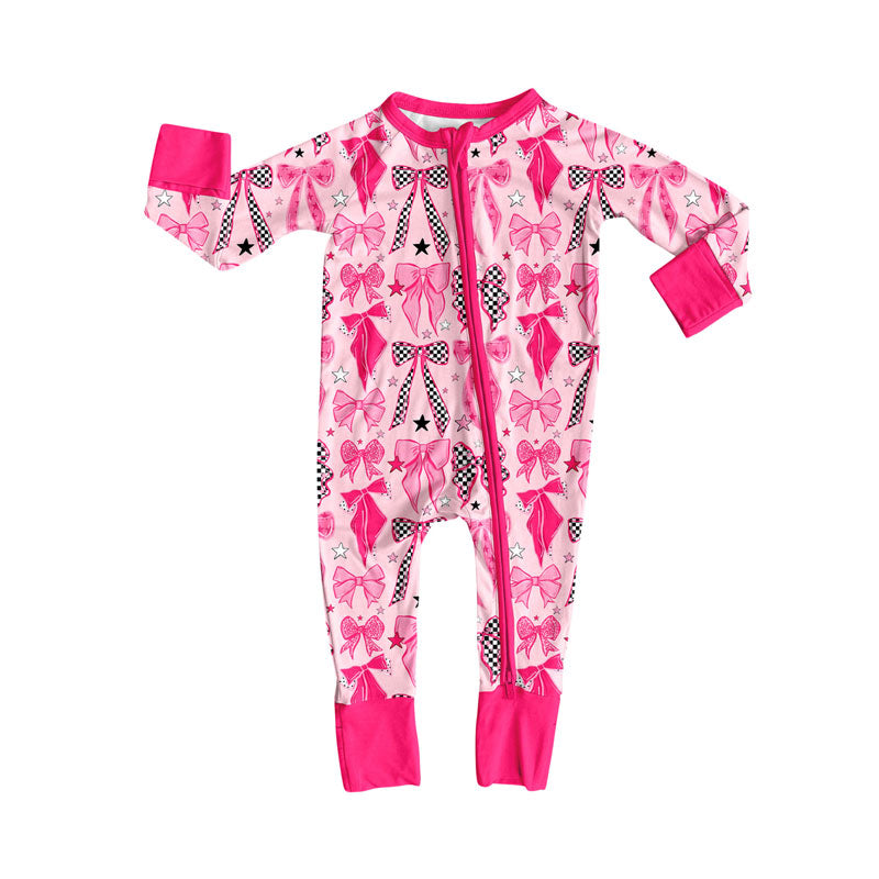 Preorder (moq 8)Baby Girls Pink Stars Bows Valentine Zipper Footie Rompers