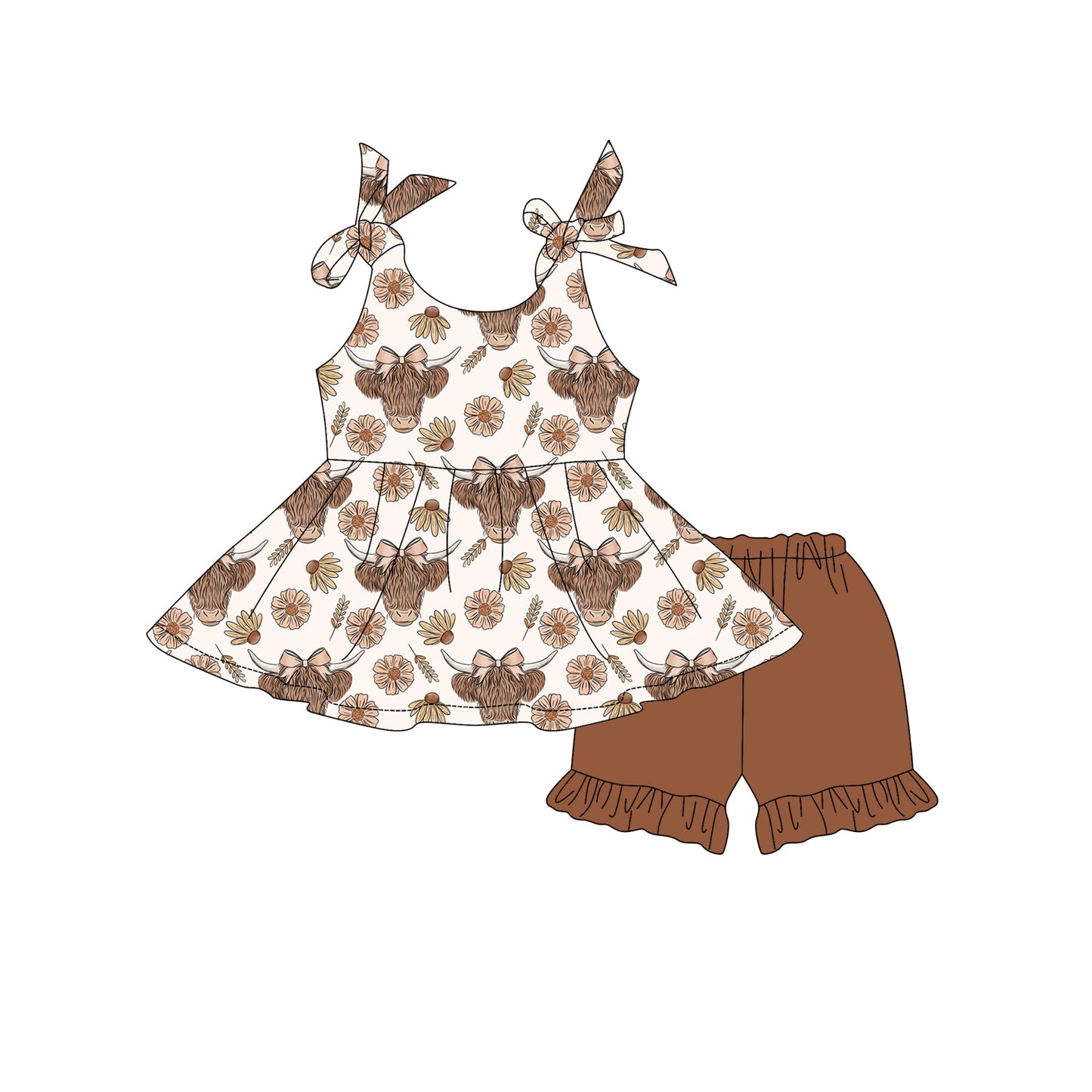 Preorder moq 5 Baby Girls Strap Highland Cows Flowers Tunic Brown Ruffle Short Set