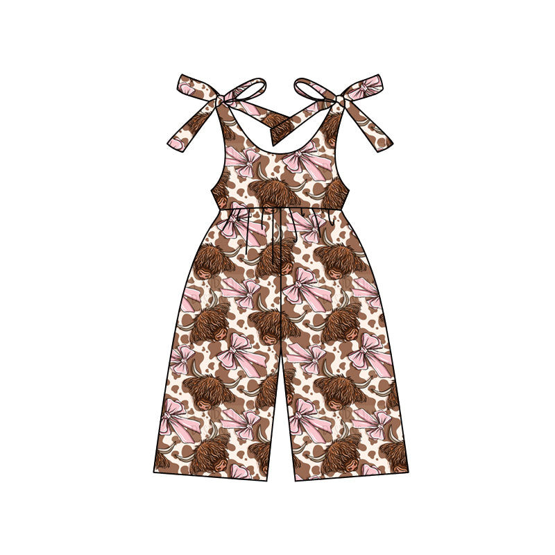 Preorder (moq 5)Baby Girls Western Highland Cow Bows Straps Jumpsuits
