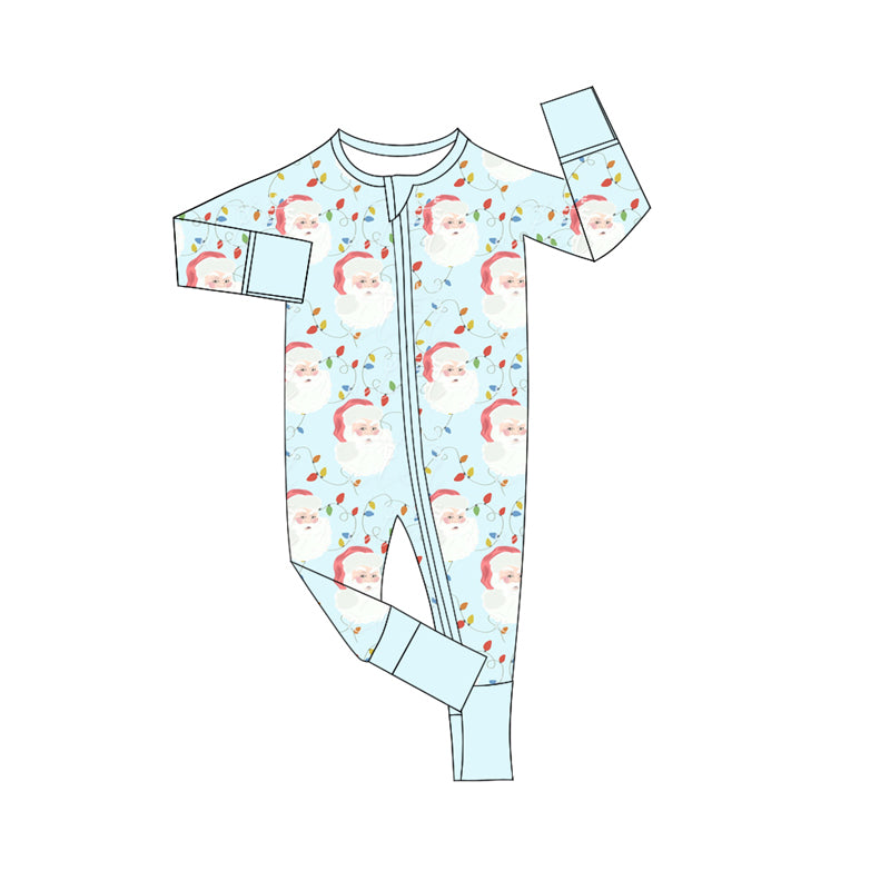 Preorder moq 5 Baby Infant Boys Long Sleeves Light Blue Santa Lights Plaid Zipper Romper