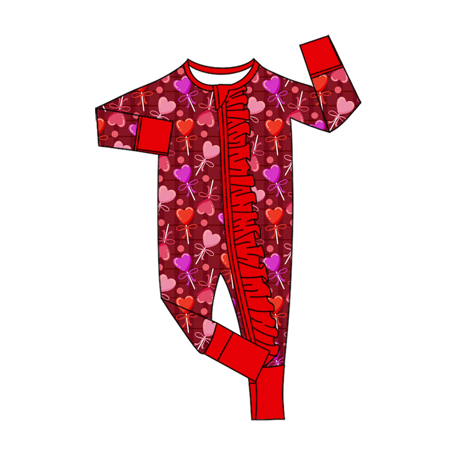 Preorder(moq5) Baby Girls’ Red Heart & Bow Print Crew Neck Long-Sleeve Ruffle Zipper Romper