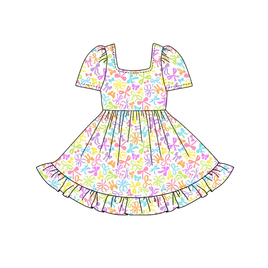Preorder (moq 5)Baby Girls Short Sleeves Colorful Bows Ruffle Knee Length Dresses