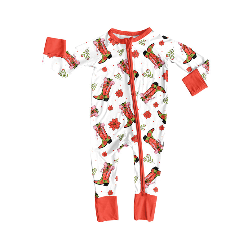 Preorder (moq 5)Baby Girls Red Long Sleeves Flowers Bows Boots Zipper Romper