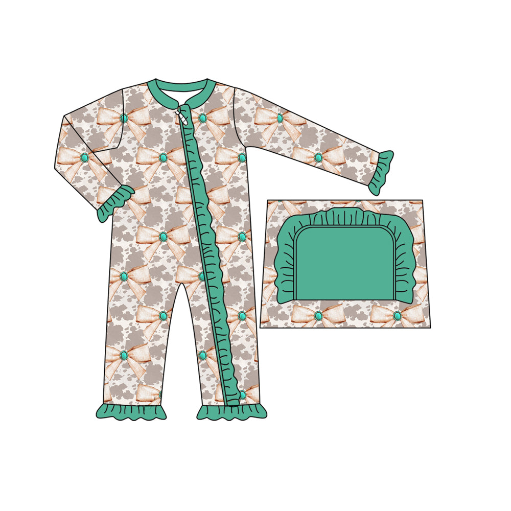 Preorder moq 5 Baby Girls Long Sleeves Cow Print Bows Plaid Ruffle Zipper Pant Rompers