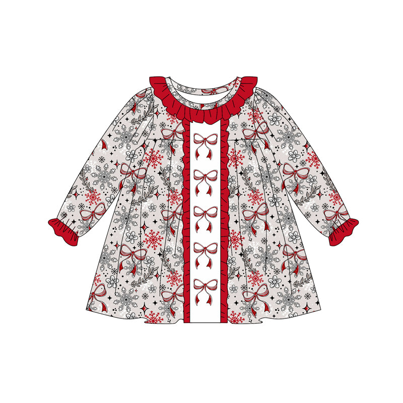 Preorder (moq 5)Baby Girls Long Ruffle Sleeves Red Bows Snowflake Knee Length Dresses