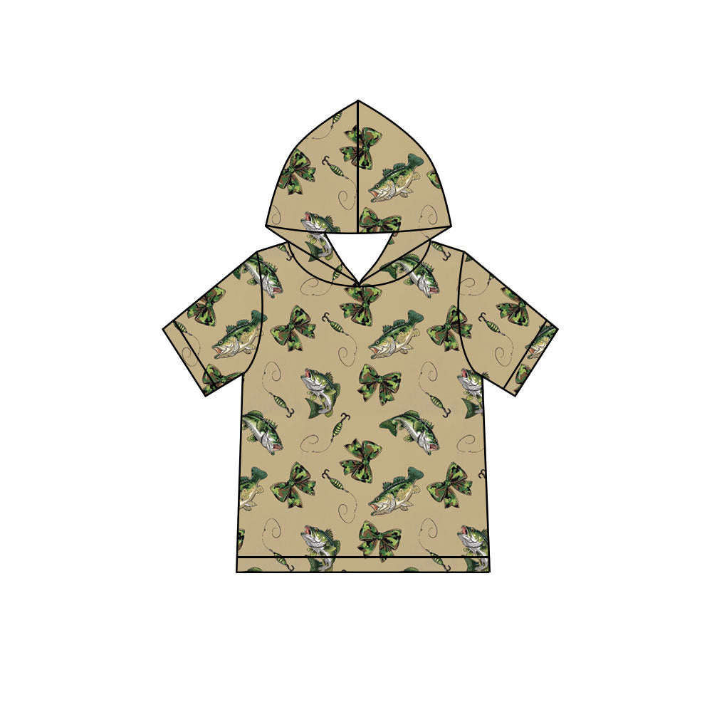 Preorder (moq 5) Baby Boy Clothes Bass Fish Camo Bow Fishing Lure Print Short Sleeve Hooded Tee