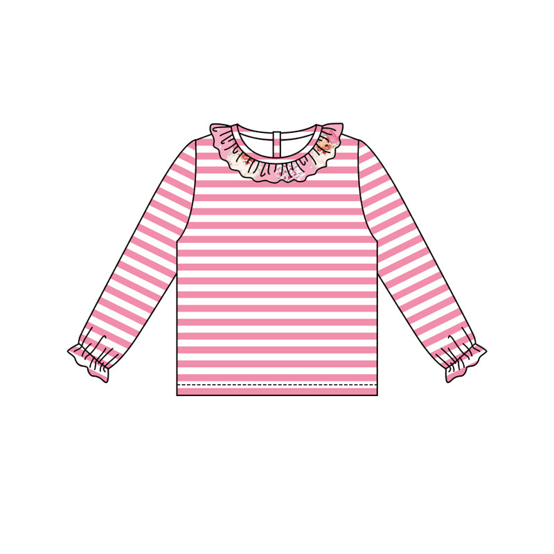 Preorder (moq 5)Baby Girls Long Ruffle Sleeves Pink Stripes Tee Shirts Top