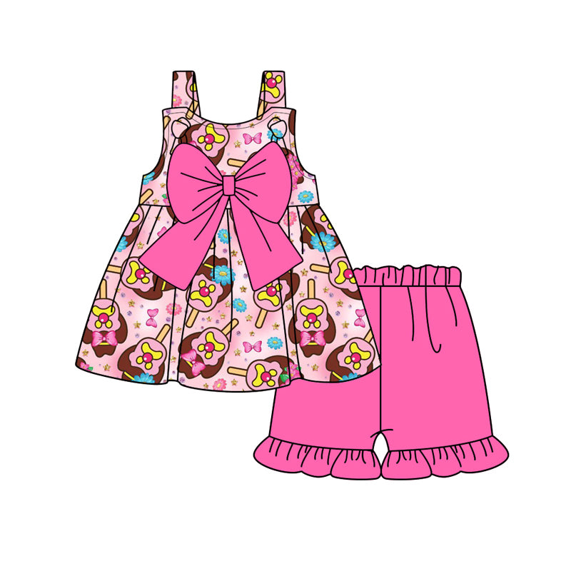 Preorder (moq 5)Baby Girls Popsicle Hot Pink Bow Tunic Top Ruffle Shorts Clothes Sets