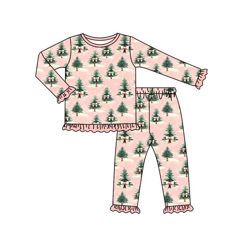 Preorder (moq 5)Baby Girls Long Ruffle Sleeves Christmas Trees Plaid Top Pant Pajamas Set