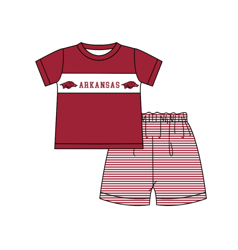 Preorder (moq 5)Baby Boys Red Short Sleeve Arkansas Top Stripe Shorts Team Clothes Sets