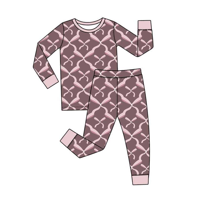 Preorder (moq 5) Baby Girl Clothes Pink Bow Lattice Geometric Print Long Sleeve Pajama Set