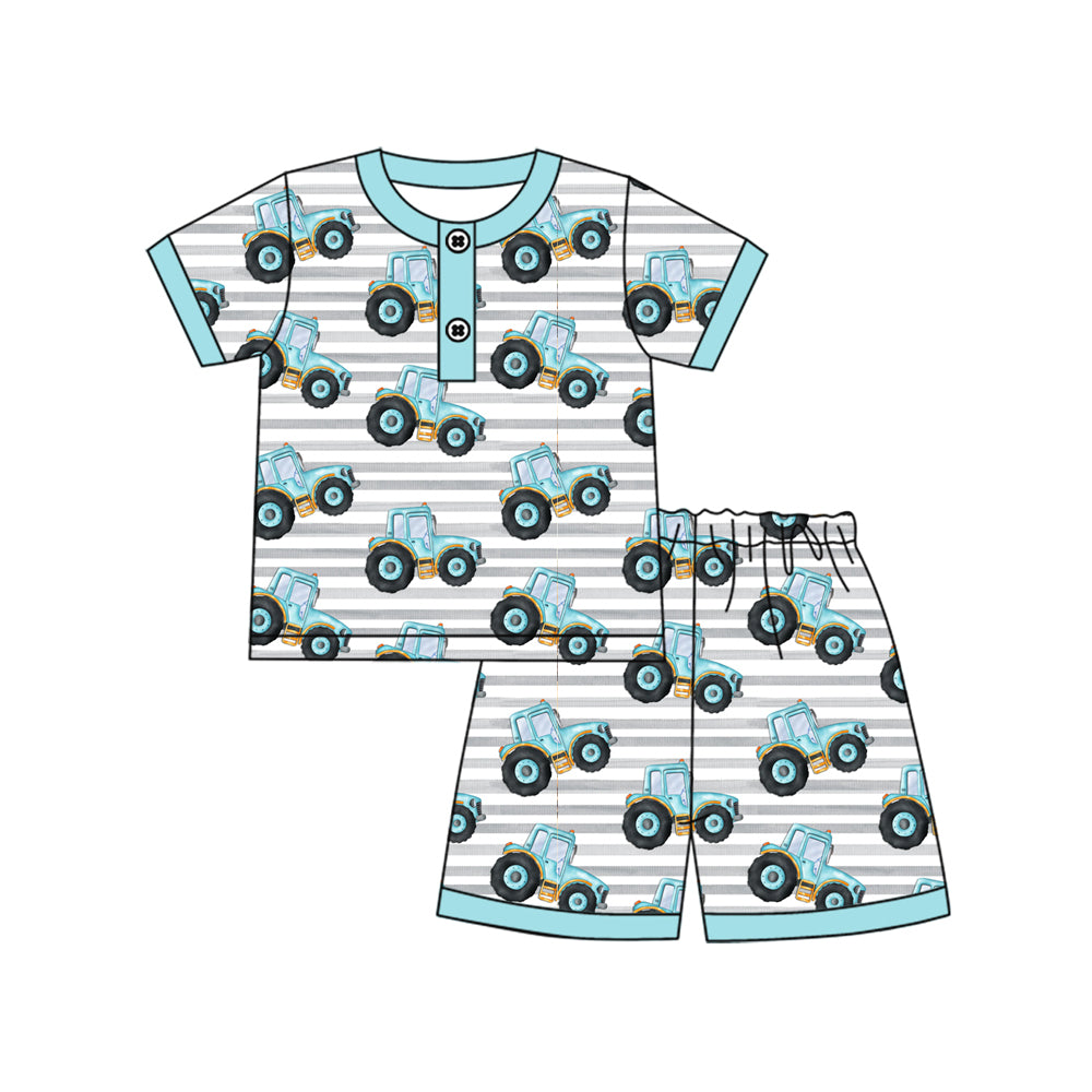 Preorder (moq 5)Baby Boys Blue Tractor Pocket Shirt Top Shorts Pajamas Clothes Sets