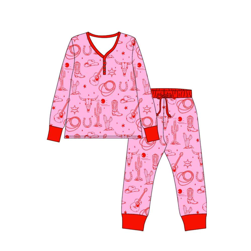 Preorder (moq 5)Baby Kids Long Sleeve Bull Skulls Cactus Top Pants Western Pajamas Sets