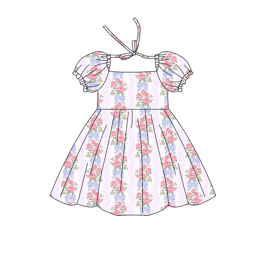 Preorder (moq 5)Baby Girls Short Ruffle Sleeve Flowers Bows Stripe Knee Length Dresses