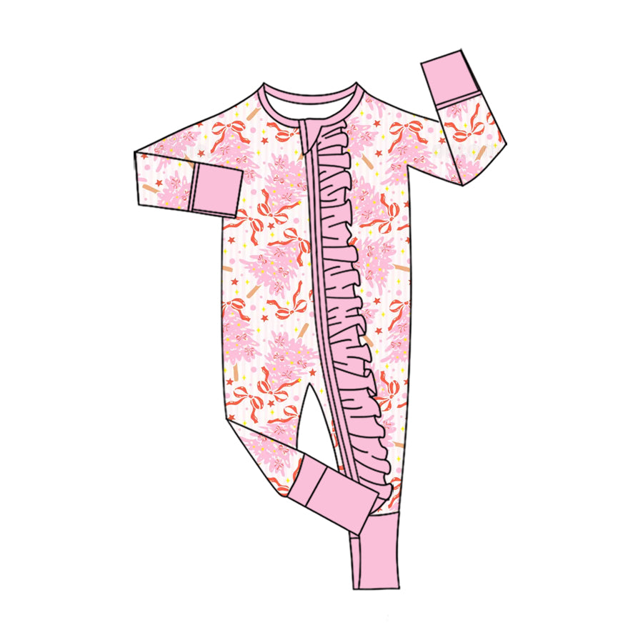 Preorder (moq 5) Baby Girls Bows Trees Christmas Two Way Ruffle Zip Convertible Romper