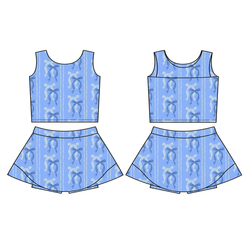 Preorder (moq 5)Baby Girls Hot Blue Sleeveless Bows Stripe Top Skort Yoga Active Set