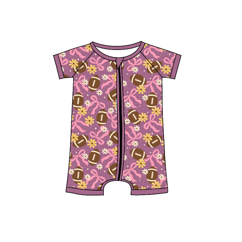 Preorder (moq 5)Baby Girls Pink Bows Footballs Flowers Team Zipper Shorts Rompers