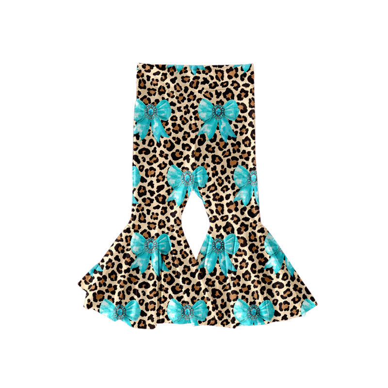 Preorder(moq 5) Baby Girls Blue Turquoise Bows Leopard Western Ruffle Bell Bottom Pants