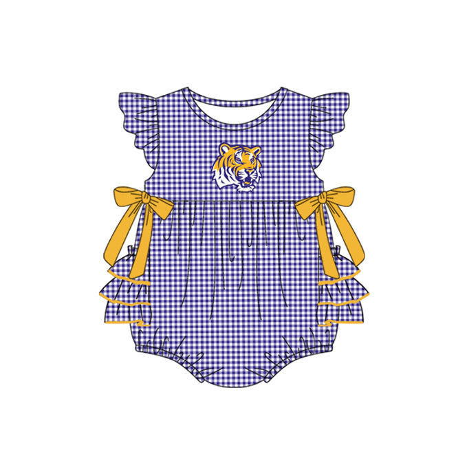 Preorder moq 5 Baby Girls Purple Plaid Flutter Sleeves Bows Tigers Team Rompers