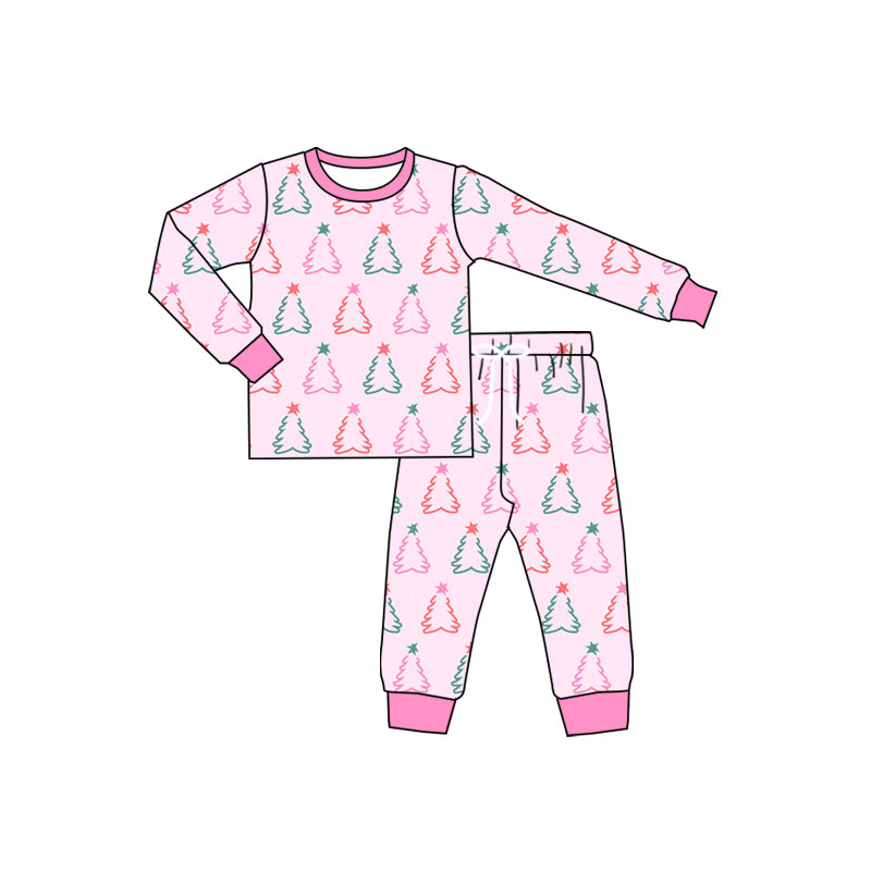 Preorder (moq 5)Baby Girls Long Sleeves Pink Stars Trees Top Pant Pajamas Set