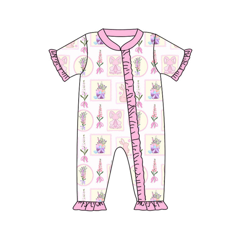 Preorder (moq 5)Baby Girls Flowers Rabbits Checked Easter Ruffle Zipper Footie Rompers