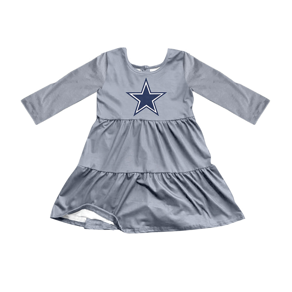 Preorder (moq 5)Baby Girls Gray Long Sleeves Stars Shorts Team Knee Length Dresses