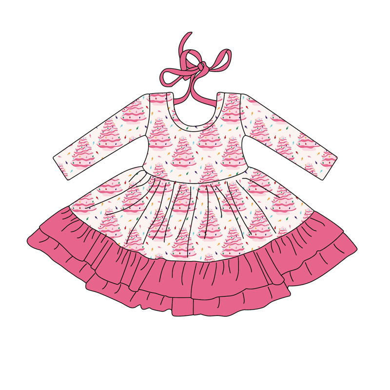 Preorder (moq 5)Baby Girls Long Sleeves Pink Christmas Trees Plaid Ruffle Knee Length Dress