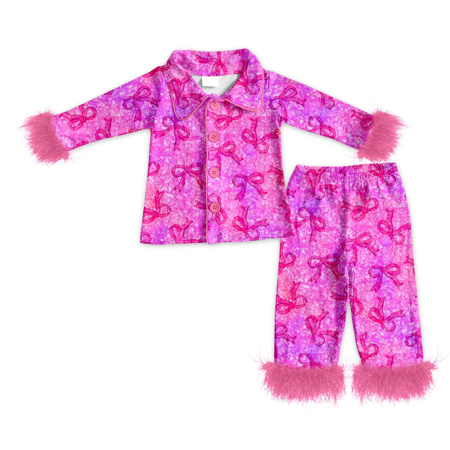 Preorder (moq 5)Baby Girls Hot Pink Bows Flowers Button Top Pants Valentines Fur Sleeve Pajamas Sets