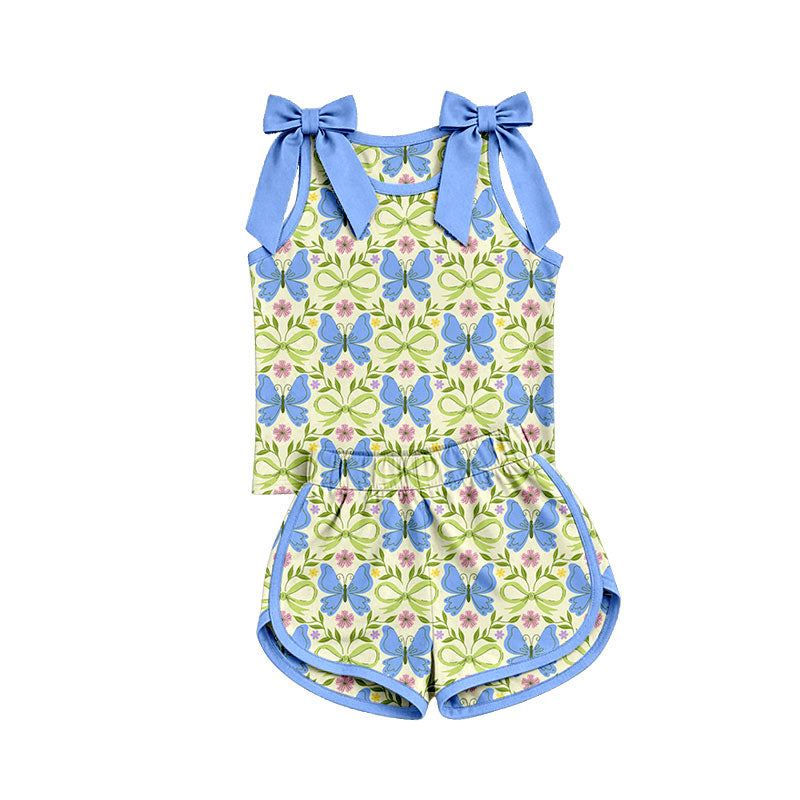 Preorder (moq 5)Baby Girls Bows Sleeveless Butterfly Flowers Checked Top Short Clothes Set