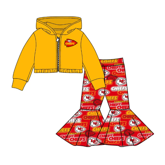 Preorder moq 5 Baby girls Chiefs team hooded shirt bell bottom pants sets