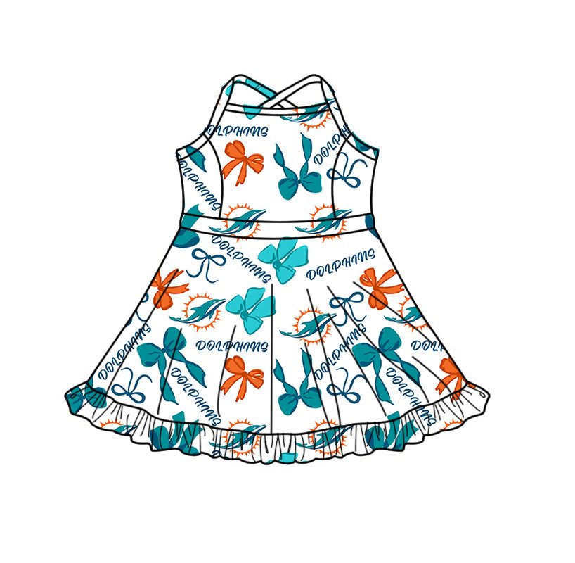 Preorder (moq 5)Baby Girls Strap Bows Miami Dolphins Team Short Ruffle Knee Length Dress