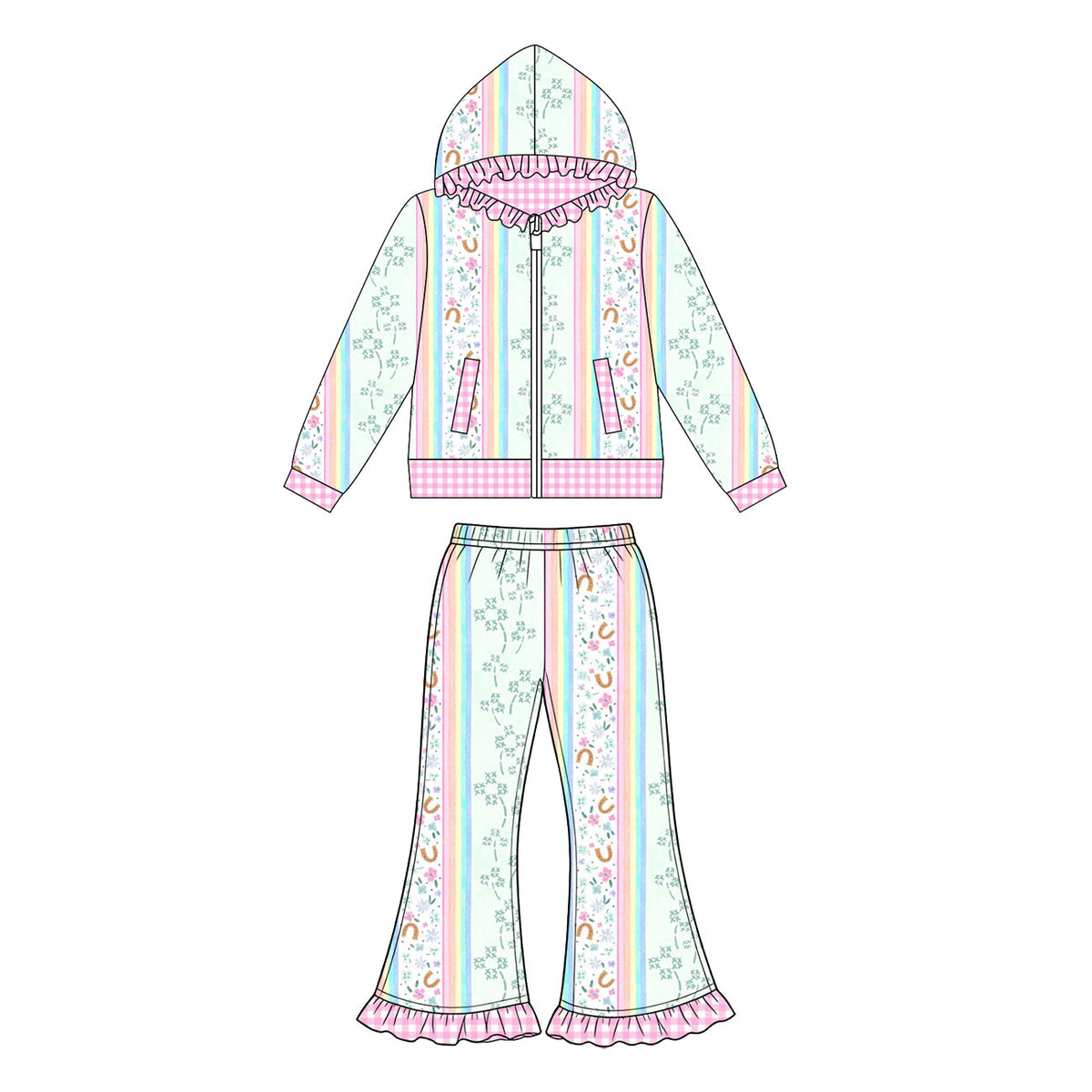 Preorder (moq 5) Baby Girl Clothes Rainbow Floral Horseshoe Mixed Print Long Sleeve Ruffle Zip Jacket & Ruffle Flare Pant Set