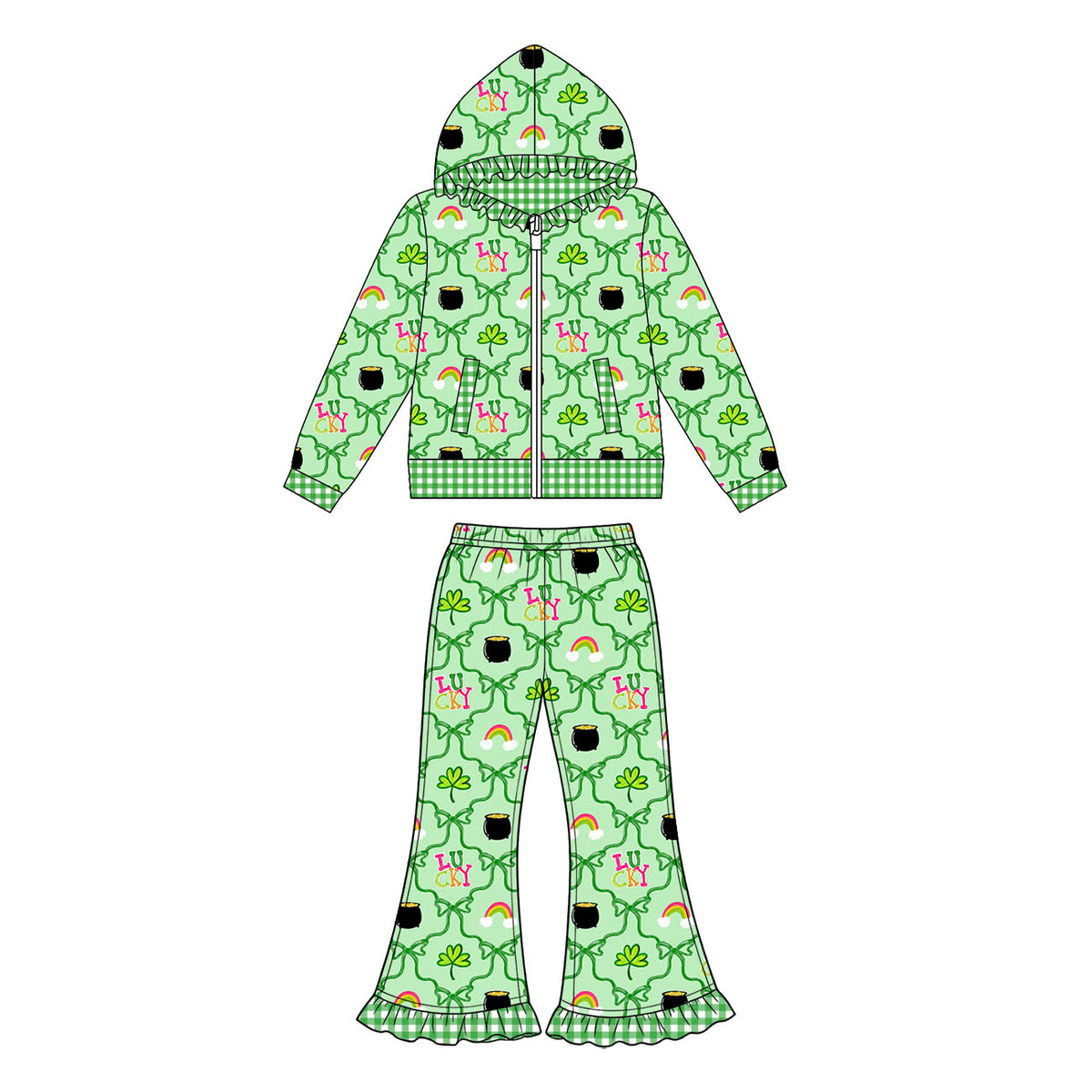 Preorder (moq 5) Baby Girl Clothes Lucky Rainbow Pot Of Gold Print Long Sleeve Ruffle Zip Jacket & Ruffle Flare Pant Set