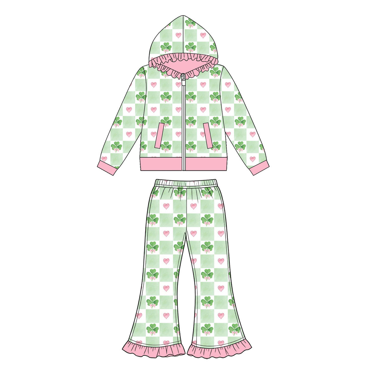 Preorder (moq 5) Baby Girl Clothes Clover Heart Checker Print Long Sleeve Ruffle Zip Jacket & Ruffle Flare Pant Set